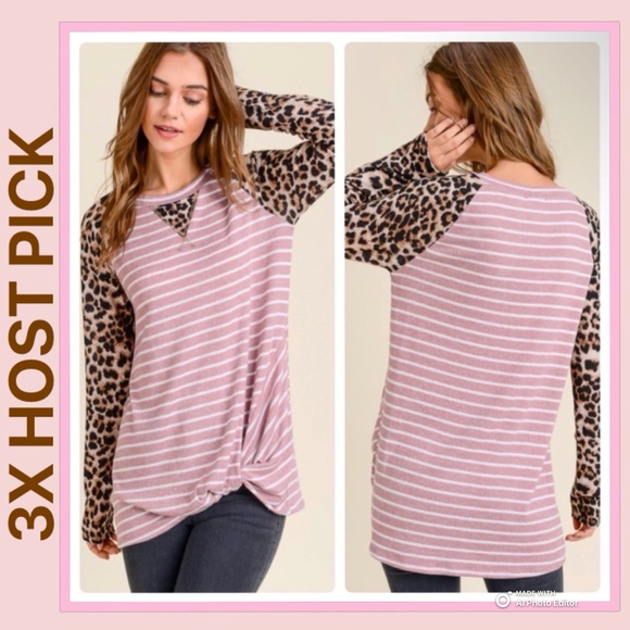 HP Brand NWT Gorgeous Pink & White Striped Leopard Front Twisted Hem Top Medium - Picture 1 of 7